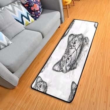 Imagem de WELLDAY Tapete de corredor de desenho de gato branco, tapete de corredor de 5 x 15 cm, antiderrapante, lavável, tapete de cozinha para quarto, entrada, lavanderia, sala de estar