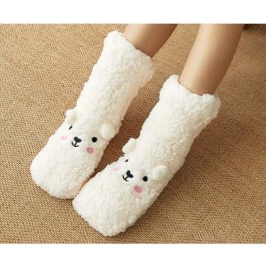 Imagem de Meias felpudas para mulheres, meias fofas, fofas, de animais para uso interno, antiderrapante, meias até a panturrilha, confortáveis presentes de inverno, Urso branco, Medium