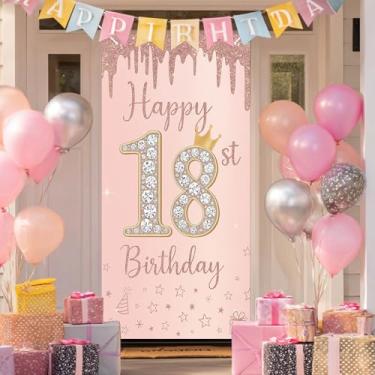 Imagem de HOMETITUTE Capa de porta de aniversário de 18 anos 188 x 89 cm, faixa de aniversário de ouro rosa para decorações de festa, número de diamante, coroa de pano de fundo, sinal para meninas e mulheres
