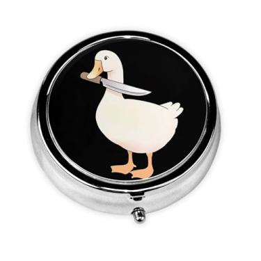 Imagem de LANJINDENG Organizador de comprimidos de metal – Mini estojo redondo de 3 compartimentos para bolso e bolsa, suporte portátil de vitaminas, design fácil de abrir para viagens - pato engraçado