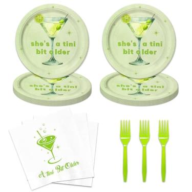 Imagem de 48 peças de decorações de aniversário de martini verde e branco A Tini Bit mais velho expresso martini pratos de festa de aniversário guardanapos garfos para 16 convidados