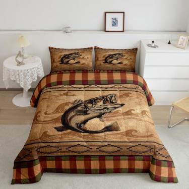 Imagem de Feelyou Conjunto de cama solteiro com estampa de peixe, lúcio, para meninos, meninas, adolescentes, pesca e caça, respirável, macio, xadrez de búfalo, laranja, decoração de quarto