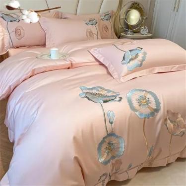 Imagem de Jogo de cama de algodão com bordado, capa de edredom dupla, lençol de baixo ou com elástico e fronhas em algodão puro, rosa, tamanho 160x200cm (4 peças).