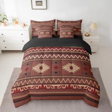 Imagem de jejeloiu Jogo de cama King com edredom boêmio, nativo do sudoeste, asteca do sudoeste, para meninos, meninas, adolescentes, design nativo americano, 7 peças, vermelho e marrom