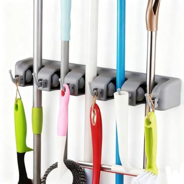 Imagem de TOGU Pacote com 2 suportes para esfregão e vassoura montado na parede, 5 posições, com 6 ganchos retráteis, comporta até 11 ferramentas, suporte à prova de intempéries para sistemas de armazenamento