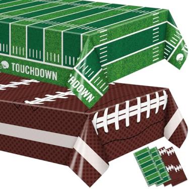 Imagem de SpinLaLa Conjunto de 4 toalhas de mesa de plástico para futebol americano de 137 x 272 cm – 2 capas de mesa retangulares descartáveis de futebol verde e 2 marrom para dia de jogo, porta traseira e