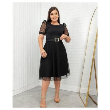 Imagem de Vestido Mídi Manga Princesa tule Poa Forrado Canelado com Cinto no Mei