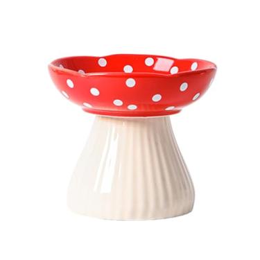 Imagem de Bacia para Gato em Forma de Cogumelo Cerâmica Bonita com Pontinhos Inclinada o Pescoço Fácil Alimentar Limpar Adequada Gatos e Cães Pequenos Estável Decoração Exquista Prática