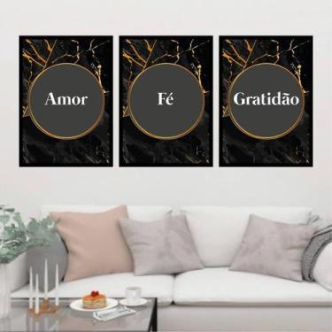Imagem de Kit 3Quadros Amor Fé Gratidão Preto E Dourado 33Cm Com Vidro - Quadros