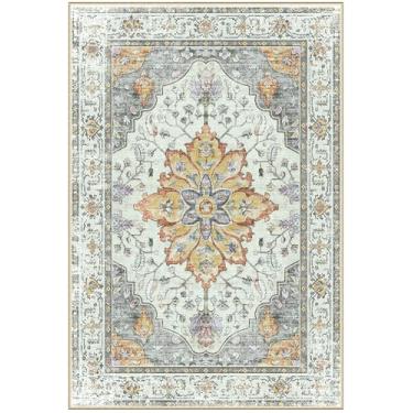 Imagem de RELEANY Tapetes quadrados de 2,1 m, lavável, antiderrapante, floral, vintage, estampa de angústia, tapete medalhão para sala de estar, quarto, sala de jantar, amarelo claro, cinza carbono laranja