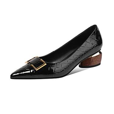 Imagem de TinaCus Mocassim feminino de couro envernizado bico fino feito à mão salto baixo grosso moderno com fivela, Preto, 9