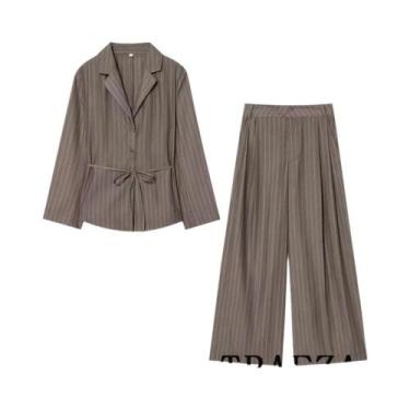 Imagem de Blazer Elegante Listrado Marrom Para Escritório Com Calças De Cintura 