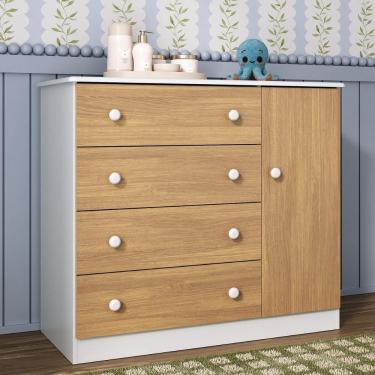 Imagem de Cômoda Infantil 95cm 1 Porta E 4 Gavetas Encanto Multimóveis Mp4449 Branco/madeirado Branco/madeirado
