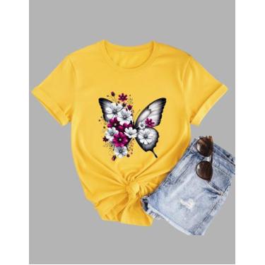 Imagem de Camiseta Tshirt Feminina Algodão Borboleta E Flores Branca - MB Sport,