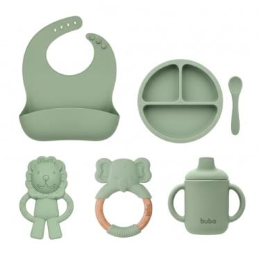 Imagem de Kit Introdução Alimentar e Dentição Buba em Silicone - Prato com Ventosa, Babador com Coletor, Copo de Treinamento e Mordedores Animais