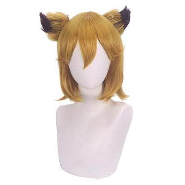 Imagem de Peruca de cosplay curta laranja amarela com acessórios de orelha de ra