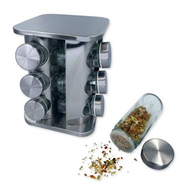 Imagem de Porta Condimentos e Temperos Giratório 12 Potes Inox e Vidro