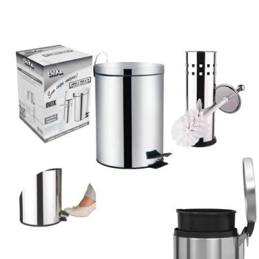 Imagem de Kit Lixeira Banheiro Inox Com Pedal+escova Sanitaria+suporte - Thika