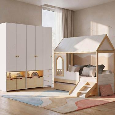 Imagem de Guarda-roupa Modulado Wave e Bicama Casinha com Mini Escorrega New Garden Casatema MadeiraOriginals Branco/Natural
