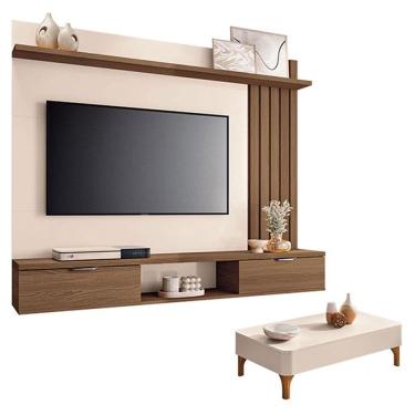 Imagem de Painel Suspenso Lets Castanho Off White com Mesa de Centro Liz Off White - HB Móveis