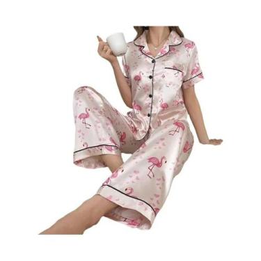 Imagem de Conjuntos De Pijamas De Seda Para Mulheres Com Camisa De Manga Curta E