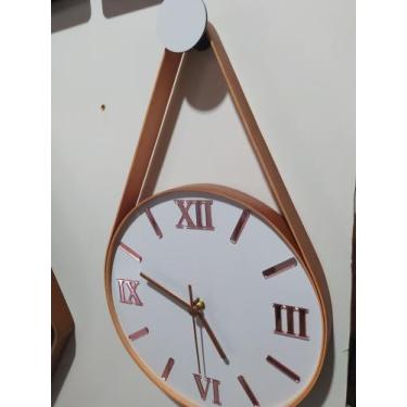 Imagem de Relógio Parede silencioso 26cm, ACM Branco, Cintas Couro Caramelo, Alg