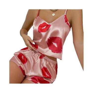Imagem de Conjunto De Pijama Sexy Feminino Com Decote Em V Em Cetim, Estampa De 