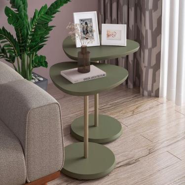 Imagem de Conjunto Mesa de Centro e Apoio Bel Menta Orgânico Tampo MDF Base Metal Pintado 50cm Verde Artely