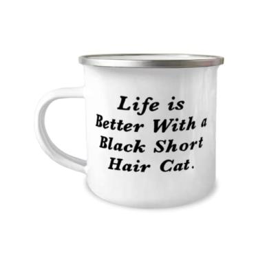 Imagem de Presente motivacional para gatos de cabelo curto preto e motivacional, Life is Better With a Black Hair Gat, caneca de acampamento de Natal 355 ml para gato de cabelo curto preto