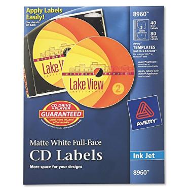 Imagem de Caixa de de 10 – Avery personalizada com rótulos de CD/DVD de jato de tinta de rosto completo – Etiquetas, CD, jato de tinta fosco, 40/etiquetas, 80/inserções, branco