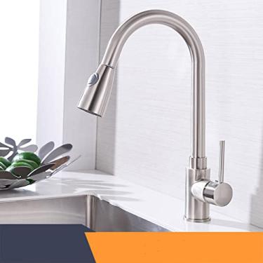 Imagem de Torneiras de cozinha de prata de alça única de puxar para fora torneira de cozinha de furo único giratória 360 graus torneira misturadora de água torneira misturadora, níquel escovado2, china