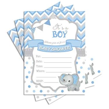 Imagem de 25 It's a Boy Convites para Chá de Bebê 5 x 7 Dupla Lateral Estampa de Elefante com Envelopes