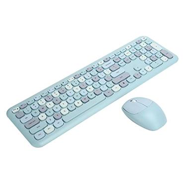 Imagem de Conjunto de mouse com teclado sem fio, 2,4 G 110 teclas coloridas para teclado de computador, mouse combinados com mouse e teclado redondo retrô com USB, bonito para laptop, desktops, PC (azul)