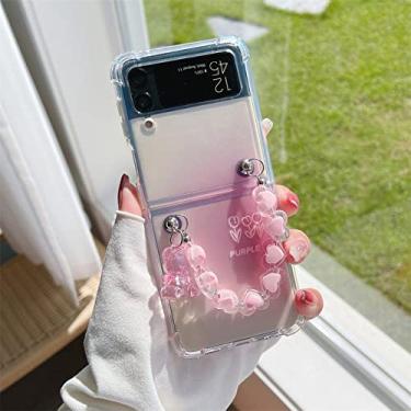 Imagem de Estojo transparente com corrente de pulso de flor de desenho animado para Samsung Galaxy ZFlip 3 Z Flip3 ZFlip3 Pulseira de pérola Capa macia à prova de choque, ZiHSL, para Samsung Z Flip 3