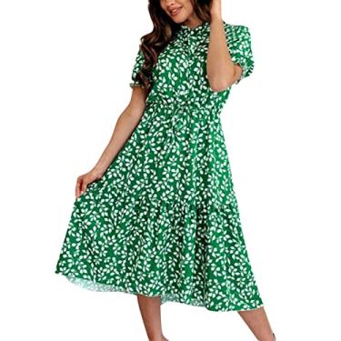 Imagem de Mercatoo Vestido feminino de verão com babados e manga bufante, manga curta, gola alta, vestido casual de verão, Verde, XXG