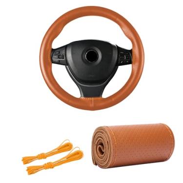 Imagem de Kewucn Capa de volante de couro genuíno, protetor universal de volante de carro de 15 polegadas com linha de agulha, capa de volante antiderrapante respirável DIY Stitch on Wrap (marrom, furo completo)