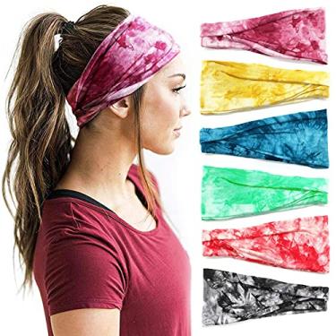 Imagem de Bandanas Boho para mulheres, faixa de cabeça larga para ioga, treino, acessórios de cabelo, faixa elástica tie dye, pacote com 6