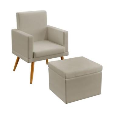Imagem de Kit Poltrona Decorativa Nina Rodapé com Puff Quasar Couro Bege Aradeco