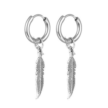Imagem de par de brinco de pena argola prata banhada masculino feminino funk aço