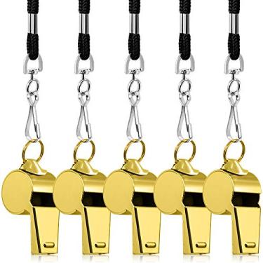 Imagem de 5 pacotes de apito de aço inoxidável, apito de metal alto FineGood com cordão para árbitros treinadores salva-vidas sobrevivência emergência futebol basquete futebol hóquei – ouro