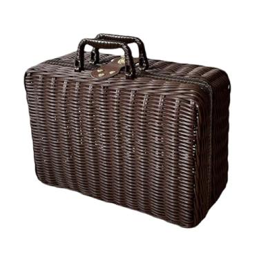 Imagem de ＫＬＫＣＭＳ Mala de vime retro pp, caixa de armazenamento de cesta de de vime, escaninho de adereços, bolsa de vime vintage para casa, escritório, marrom, eu