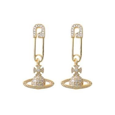 Imagem de GELVTIC Brincos de Saturno para mulheres, brincos de prata com pingente espacial, planeta, corrente, borla, estrela e lua, zircônia cúbica Y2K, punk, gótico, brincos de joia presente para mulheres