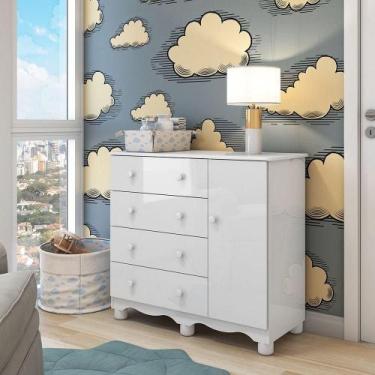 Imagem de Cômoda Infantil 1 Porta 4 Gavetas 100% MDF Mimo Branco Brilho - Móveis