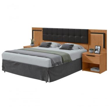 Imagem de Cabeceira Casal 160cm 2 Mesas De Cabeceira Com Led Calitan Amendoa Clean Preto Fosco