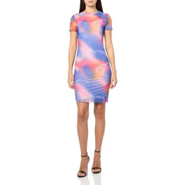 Imagem de HUGO Minivestido feminino colado ao corpo de malha estampada, Pôr-do-sol rosa, M