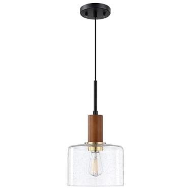 Imagem de Leading Lighting Luminária Pendente Para Ilha De Cozinha, 19 Cm, Vidro Transparente, Madeira Natural, Acabamento Em Bronze Escovado Preto, Moderna, Estilo Fazenda, Sala Jantar Sobre A Pia