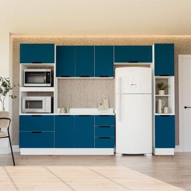 Imagem de Cozinha Completa com Tampo, Paneleiro e Rodapé Meena 10 Portas 4 Gavetas Azul e Branca