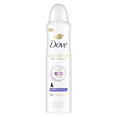 Imagem de Desodorante Dove Advanced Care Invisible Dry Spray antitranspirante sem marcas brancas em 100 cores transparentes, frescas, 48 horas, proteção de suor e odor para mulheres, 108 ml