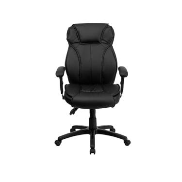 Imagem de Flash Furniture Cadeira de escritório ergonômica giratória executiva multifunções em couro preto com botão de suporte lombar com braços