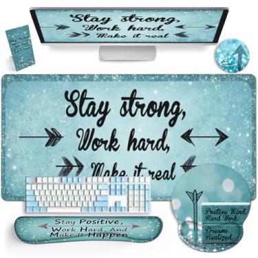 Imagem de AQQA Tapete de mesa, tapete de mesa 2GG 5 em 1 + descanso de pulso para teclado + descanso de pulso para mouse + porta-copos + conjunto de suporte de celular com almofada de mesa ergonômica para